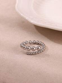 1pc Minimalist Dual-Tone Ball Ring, 18K Gold Plated Stainless Steel Open Band Ring, Niche Versatile Accessory, Daily Wear Stacking Gift - Multicolor - View 8