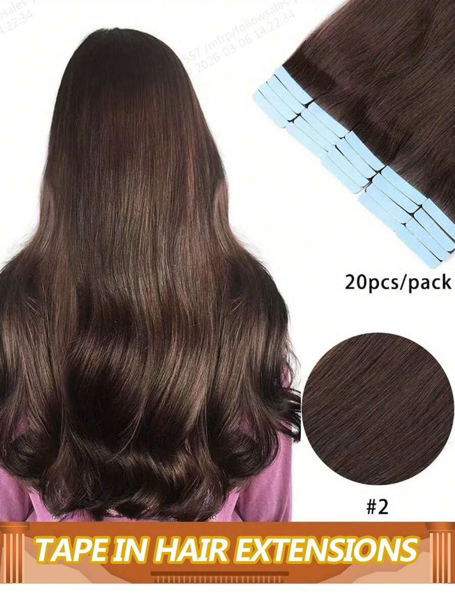 胶带式接发，真人发，深棕色，50克，20片，贴合发片，无缝隐形，丝滑直发，发尾浓密，Remy真人发胶带式接发，女士专用 #2 - S2 - 查看 1