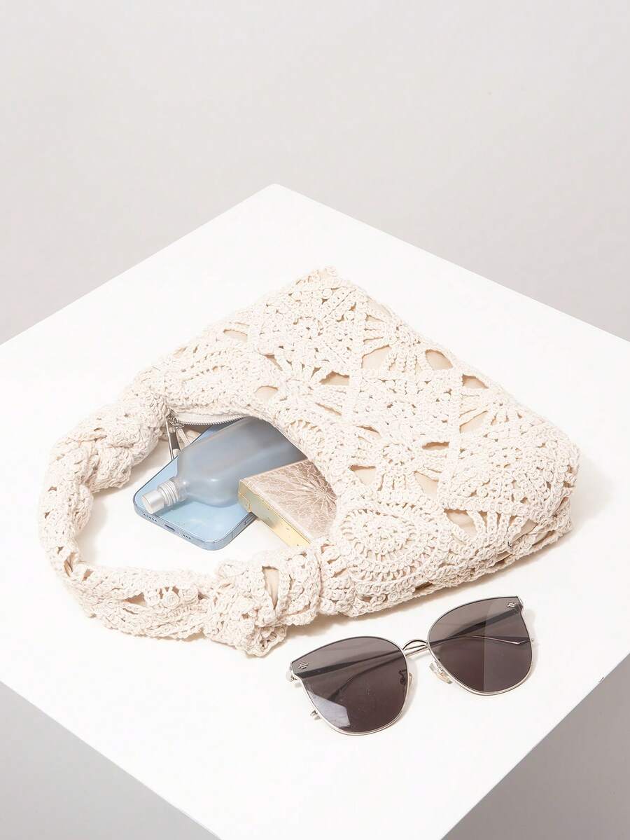 Bolso de playa de estilo bohemio floral, esencial para viajes y cruceros, conjunto de ganchillo para el atuendo de vacaciones de las mujeres, cartera elegante de dama, regalo para mujeres (patrón aleatorio) - Albaricoque - Ver 1