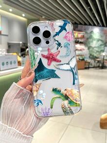 1 pièce Étui de téléphone à motif de vie marine imprimé à la mode et anti-chute transparent, avec des designs de tortue, raie manta, étoile de mer, méduse, dauphin, coquillage. Étui de téléphone compatible avec iPhone 11/12/12mini/13/14/15/16/16 Plus/16 Pro/16 Pro Max/17/17 Pro/17 Pro Max et Galaxy S24 Ultra/S25 Ultra/A26 5G/A56 5G. Convient aux amateurs d'océan, aux fans d'esthétique de plage, aux anniversaires, à l'été et à l'usage quotidien - Transparent - Voir 4