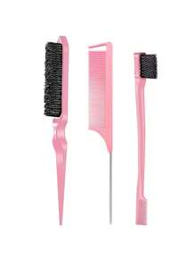 3pcs Hair Styling Brush Set, Teasing Brush, Rat Tail Comb, Edge Brush For Smoothing And Styling Hair - Pink - View 6