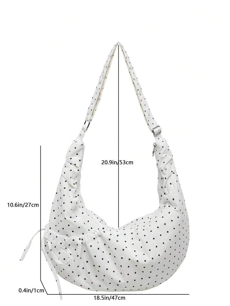 Bolso de hombro con estampado de lunares azul marino estilo japonés chic, bolso cruzado con cierre de cremallera y lazo plisado de moda, bolso plegable ligero para la escuela/universidad/uso casual, estilo relajado de media luna - Multicolor - Añade 12