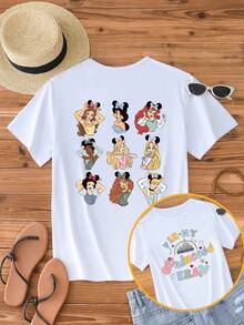 Disney Women's Casual White Cotton T-Shirt With Cartoon Princess & Minnie Mouse Ears Print, Short Sleeve Round Neck Regular Fit Top, Slight Stretch Fabric For Everyday Wear - 白色 - 查看 1