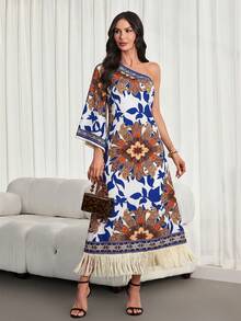 Rochie de damă cu imprimeu de pădure tropicală și tiv cu franjuri, potrivită pentru naveta zilnică și vacanțe casual. Această nouă rochie de primăvară/vară cu imprimeu prezintă un stil casual elegant. - Albastru - Vizualizare 5