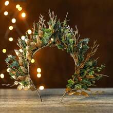 Handmade Woodland Halo Crown - Forest Headband Flower Hairband Goddess Floral Crown For Women S Cosplay Party Renaissance Carnival Wedding Photo Shoot Gold Green - Green - View 6