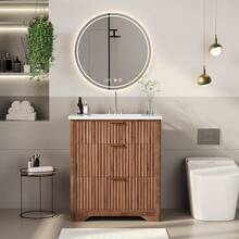 Vanidad de baño ranurada de 24 pulgadas con lavabo, gabinete de lavabo de baño independiente de granja con 2 cajones y 1 cajón desplegable, fácil montaje y limpieza - Nuez - Ver 5