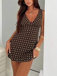 Tank Dress For Women Sleevelesss Ruched V Neck Mini Dress Polka Dots Print A-Line Short Summer Dress Y2k Streetwear - 深棕 - 查看 7