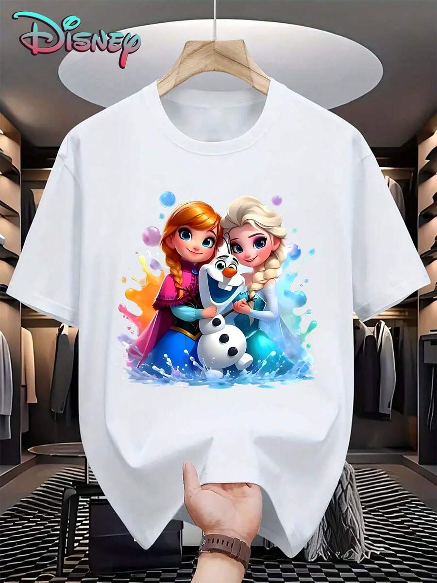 Disney Official Authorization, Women's Casual Cotton Short Sleeve Elsa & Anna & Olaf Print Round Neck T-Shirt, Round Neck Regular Fit Top, Regular Fit Round Neck Tee, Breathable And Light, Suitable For Sports And Leisure Wear, Suitable For Gifts, Suitable For Parties. - 白色 - 查看 1