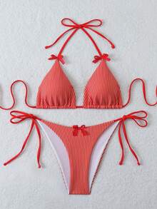 New Striped Knit Jacquard Special Fabric Cute Sexy Bow Bikini Set, Suitable For Party, Photo Shoot, Casual, Beach, All Seasons - Red - View 5