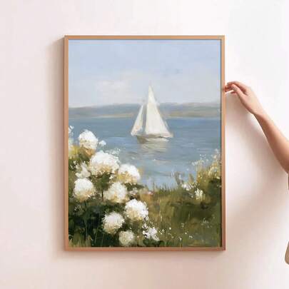 1pc Framed/Unframed Vintage Summer Floral Coastal Ocean Sailboat Canvas Poster Antique Landscape Grandmillennial Wall Art Print Beach House Decor Retro Painting For Apartment,Living Room,Bedroom,Modern Home Decoration