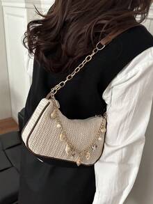 新款夏季草编单肩包、编织手提包、沙滩包、手机包、腋下包（女士款） - 米色 - 查看 2