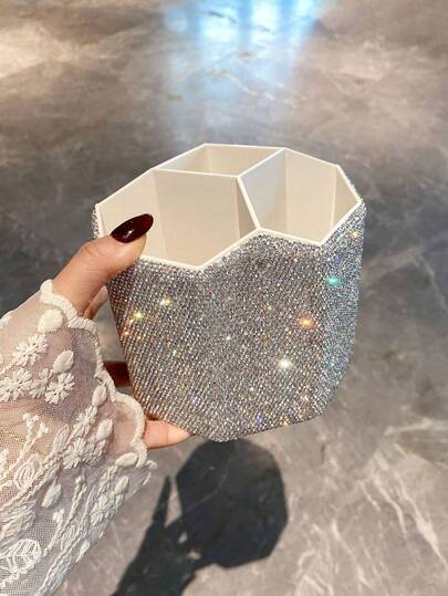 1pc Luxury Rhinestone Decorated Makeup Brush Holder, Suitable For Bathroom, Bedroom, Office Desk, Creative Gift