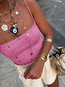 Women's Gold Sleeveless Sequin Camisole, Backless Design, Suitable Summer Holiday Parties - Pink - View 2