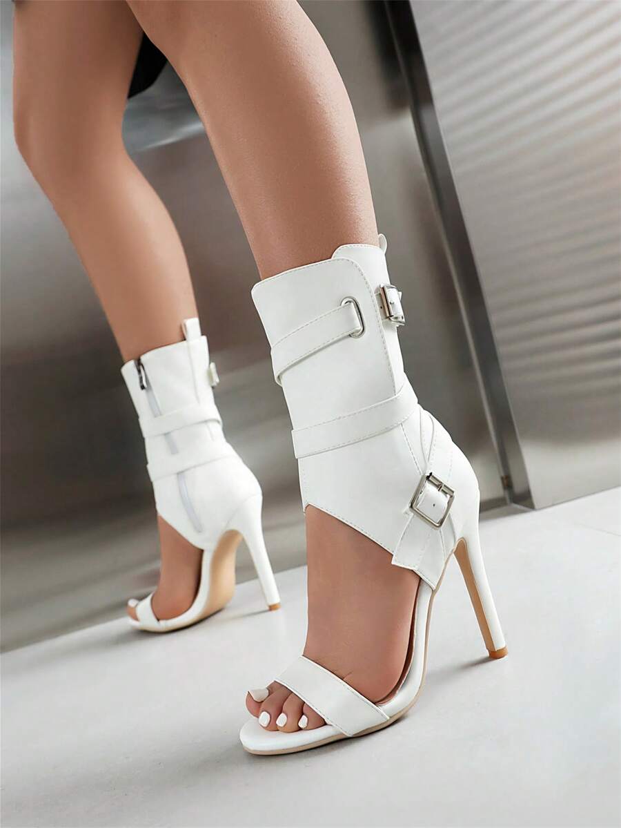 欧美性感高跟凉鞋，女士细高跟露趾夏季靴 - 白色 - 查看 1