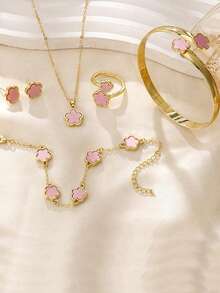 5pcs/Set Women's Lucky Flower Jewelry Set, Acrylic Bracelet, Necklace, Ring, Earrings - one-size - View 7