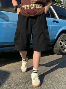 1 pièce Short décontracté ample avec poches pour garçons préadolescents, poches latérales, short cargo de sport, printemps/été/automne - Noir - Voir 5