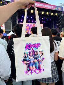 K-POP帆布手提袋，印有“K-POP”字样和酷炫女偶像图案，大容量单肩手提包，手绘插画单肩包，粉丝周边礼品，通勤购物袋，可折叠大容量休闲杂货袋，时尚场合包，赛博朋克风格单肩包，适合旅行、演唱会、粉丝活动、派对、日常使用，是生日礼物、偶像周边、节日礼物、演唱会礼物的理想之选。 - 彩色 - 查看 5