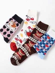 2/4 Pairs Random Women Socks, Cute Bear, Contrast Diamond Pattern, Heart Cherry, School Style Mid-Calf - Multicolor - View 6