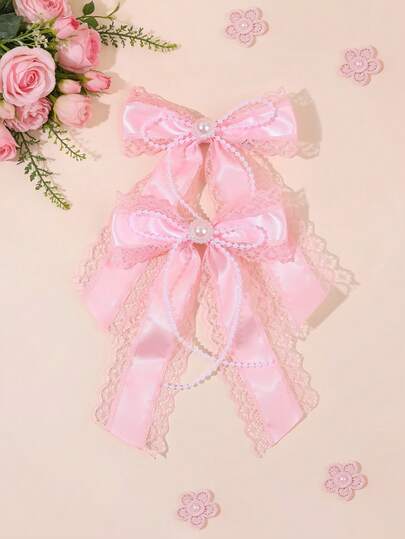 2个粉色蕾丝缎面母亲节发夹，珍珠装饰，纯色鳄鱼夹，优雅温柔，适合派对、日常佩戴，青少年发饰