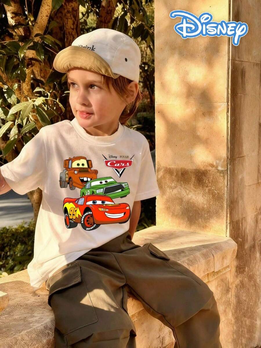 Disney White Background Cars Lightning McQueen Mater And Ramone Print Kids' Short Sleeve T-Shirt - Playful And Cute Racing Style Top - 白色 - 查看 1