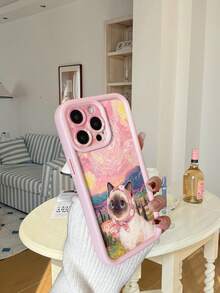1pc Ins Fashionable Oil Painting Cat Art Pattern Phone Case, Suitable Compatible With Iphone 17/17 Pro/17 Pro Max/Air/16/15/14/13/12/11 Pro MAX, S26/S25/S25FE/S25 Edge, A37/A57, Series. Matte Pink Lens Frame Stepped Design Full-Covered Anti-Fall Soft Case, Sturdy Material With No Quality Issues Or Defects. - Pink - View 2