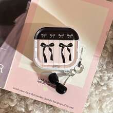 GUCADI 1pc Transparent Black & Pink Striped Bow + Silver-Plated Black Cherry Pendant, Sweet & Cool Black & Pink Bow Apple 4/Pro 2 Bluetooth Earphone Case, Cherry Pendant - Multicolor - View 12