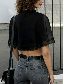 Y2k Cloak Shawl Top Women Tie Up Lace Pactwork Gothic Lolita Cloak Cape Wraps Top For Party - 黑色 - 查看 5