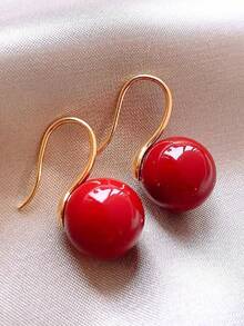 1 Pair Red Bead Earrings, Minimalist Gold-Tone Personalized Jewelry For Women - Red - View 1