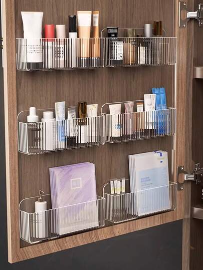 1/3件套壁挂式化妆品收纳盒，塑料材质，适用于口红、化妆刷、指甲油、护肤品等——带镜面柜门隐藏式收纳盒。浴室梳妆台化妆品收纳架。