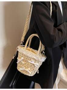 Bolso de paja con volantes y adornos de encaje, lazo dulce, bolso de mano para verano, picnic en la playa, salidas, bolso de hombro estilo francés - Caqui - Ver 5