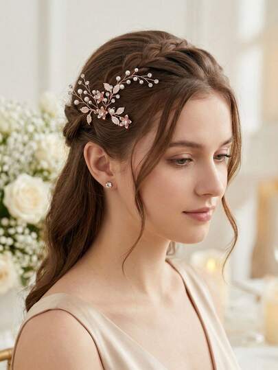 1pc Elegant Rose Gold Floral & Faux Pearl Decor Rhinestone U-Shaped Hairpin, Bridal Wedding Hair Fork Accessory For Women