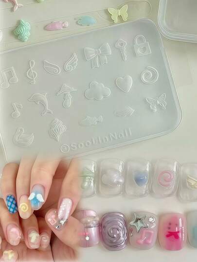 1个千禧年Y2K风格美甲模具，可爱海豚、蝴蝶、云朵、迷你翅膀装饰，透明硅胶美甲模具
