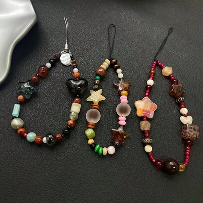 New Vintage Leopard Print Amber Handmade Beaded High-End Brown Camera Pendant Chain, Phone Case Strap, Keychain, Bag Charm, Earphone Strap Anti-Lost Anti-Drop