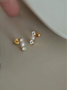 1 Pair Fashionable Retro Gentle Elegant Versatile 925 Sterling Silver Faux Pearl Inlaid Zirconia Elegant Versatile Earrings, Student Gift For Women, New Arrival - Pearl 1 - View 3