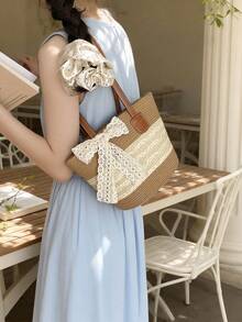 1pc Girl's Straw Bucket Bag, Zipper Closure, Fashion Beach Shoulder Bag, Suitable For Daily Use - Off-white Wavy Khaki - View 6