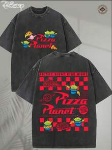Retro Washed Cotton T-Shirt | Disney "Pizza Planet Alien Crew" Design T-Shirt | Casual Everyday Wear, Perfect For Creating A Lively Party Atmosphere. Great For Taking Photos At Disneyland Or As A Travel Souvenir. This Unisex Casual Short-Sleeved T-Shirt Is Made Of 100% Cotton And Is Suitable For Adults. The Comfortable And Skin-Friendly Fabric Is Ideal For Spring Wear And Outdoor Activities. - Black - View 1