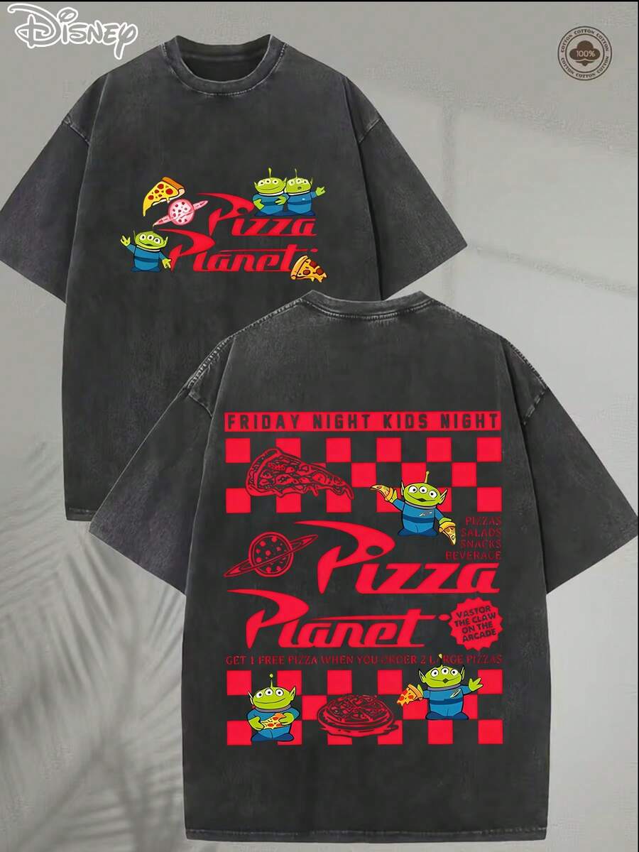 Retro Washed Cotton T-Shirt | Disney "Pizza Planet Alien Crew" Design T-Shirt | Casual Everyday Wear, Perfect For Creating A Lively Party Atmosphere. Great For Taking Photos At Disneyland Or As A Travel Souvenir. This Unisex Casual Short-Sleeved T-Shirt Is Made Of 100% Cotton And Is Suitable For Adults. The Comfortable And Skin-Friendly Fabric Is Ideal For Spring Wear And Outdoor Activities. - Black - View 1