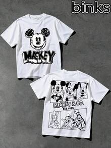 Disney Mickey Mouse Black And White Comic Pattern Print, Cartoon Elements Fashion Loose Short Sleeve Street Style T-Shirt, Spring/Summer Fashion Versatile Top - 白色 - 查看 3