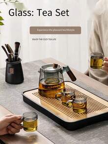 1 Set Wooden Handle Glass Teapot, Teacup And Tea Set, Heat-Resistant Glass Teapot, Elegant Glass Lining Cup, Suitable Slouchy Tea Strainer, Outdoor Luxury High-End Tea Set - Multicolor - View 12
