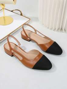 2026新款加大码女式后系带凉鞋，平底方头真皮鞋，百搭法式优雅低跟混色中跟经典复古风鞋履 - 土黃色 - 查看 20