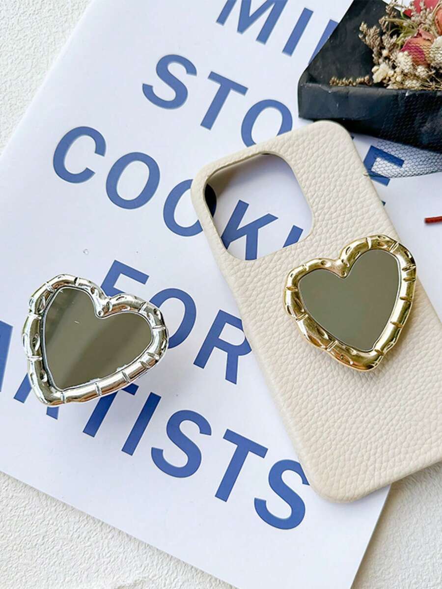Adjustable Mirror Element Slide Grip Heart-Shaped Phone Grip Stand With Mirror, Portable Compact Makeup Mirror For Video Watching Birthday Gift - Multicolor - View 1