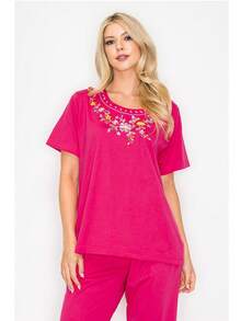Women Short Sleeves Embroidered Cotton Blend Lounge Wear  Sets - 紫紅色 - 查看 3