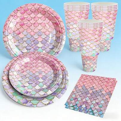 This Fish Scale Patterned Disposable Tableware Set Includes 10 Dinner Plates, 10 Dessert Plates, 10 Paper Cups, And 20 Napkins. This Convenient Tableware Set Is Perfect For Camping, Picnics, Garden Barbecues, Baby Showers, Weddings, And Birthday Parties.