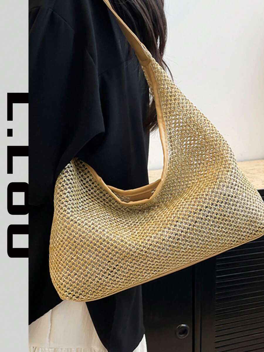 夏季女士编织手提包，时尚单肩手提包，适合通勤、海滩旅行，草编包