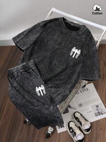 夏季男士街头风翅膀图案T恤短裤套装，弹力水洗黑色休闲日常两件套 - 黑色 - 查看 2