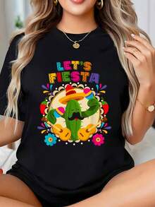 Camiseta de verano con diseño de guitarra, cactus y sombrero, para el Cinco de Mayo, manga corta, cuello redondo, informal, para verano y primavera, ropa para mujer. - Negro - Ver 1