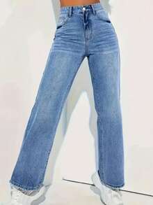 Jeans rectos de cintura alta lavados de estilo casual para primavera - Celeste - Ver 5