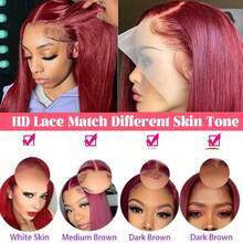 酒红色直发长款假发，8-34英寸，真人前额发丝，13x4高清蕾丝前假发，200%密度，巴西原生预剪蕾丝真人前额发丝，直发假发，预先拔毛，带婴儿发，混合发丝，适合女性日常、派对、圣诞节等场合使用。 - SBUG - 查看 5