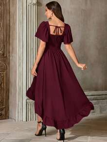 法式复古洛可可风格女式连衣裙，收腰显瘦荷叶边鱼尾裙摆长裙，适合日常穿着/出席活动 - 酒紅色 - 查看 2