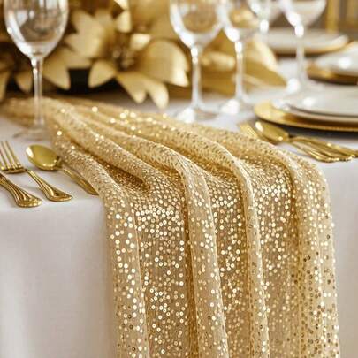 Gold Sequin Table Runner And Tablecloth Set, Shiny Gold Wedding Party Event Decor, With Tassel Fringe Square Tablecloth (Fabric), Suitable For Dining Table Center Decoration, Special Occasions